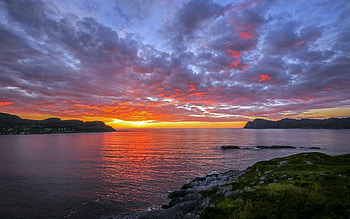 Sunset in Norway, sea, clouds, Norway, sunset HD wallpaper