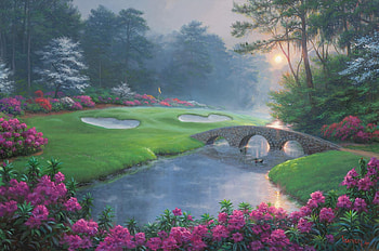 Dreams of green, art, lake, summer, pink, painting, moon, flower, pictura, bridge, luna, mark keathley, water, vara HD wallpaper