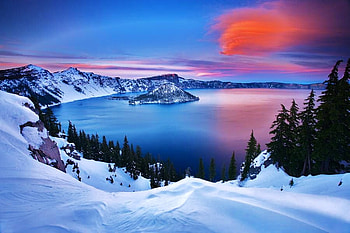 Winter sleep, winter, blue sky, snow, trees, red colored cloud, lake HD wallpaper