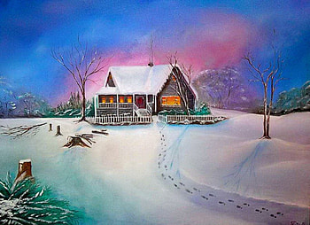 Warm winter cabin, winter, friozen, peaceful, dusk, serenity, nice, warmth, painting, snow, warm, frost, snowy, path, house, cold, beautiful, cabin, pretty, cottage, lovely, calmness, ice, evening HD wallpaper