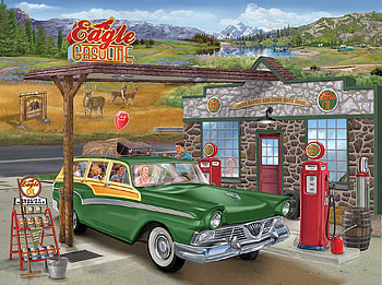 Big Bear Cabins, artwork, painting, car, landscape, gas station, cabin HD wallpaper