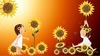 Sunflower Girls, fall, cute, summer, sunflowers, bright, autumn, girls, flowers, whimsical HD wallpaper