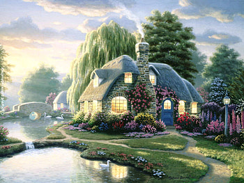 cottageway, light, lamp, path, pond HD wallpaper