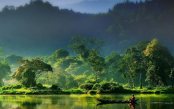 Misty forest mornings, Serene rivers, Mountain landscapes, Fishing boat reflections HD wallpaper