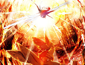 Battle, wings, magic, fighting, Touhou, girl, Reiuji Utsujo, anime, weapon, manga, Hakurei Reimu, female HD wallpaper