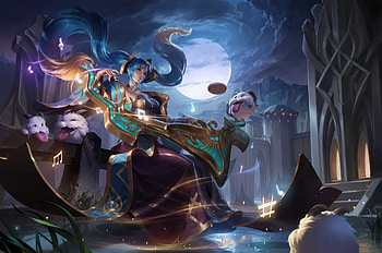 Sona, night, blue, moon, fantasy, luna, girl, haixiang mu, lol HD wallpaper