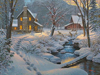 Warm & Cozy, winter, white, creek, houses, beauty, charming, painting, snow, bridge, nature, village HD wallpaper