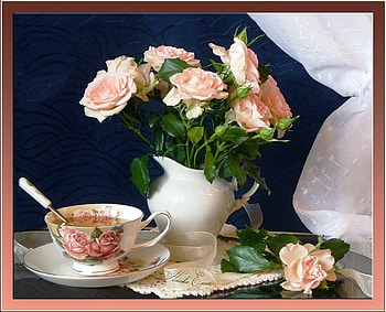 Still life, color, tea, roses, vase, cup, beauty, pink, nature, flowers HD wallpaper
