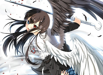 Black & White Angel, wings, feathers, sword, angel, long hair, school girl, dress, anime girl, black and white, brown hair, warrior HD wallpaper