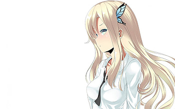 Kashiwazaki Sena, unifrom, white background, Kashiwazaki Sena from Boku Wa Tomodachi, long hair, anime girl, sad, butterfly, blonde hair, blush, lovely HD wallpaper