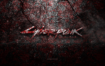 Cyberpunk 2077 logo, grunge art, Cyberpunk 2077 stone logo, red stone texture, Cyberpunk 2077, grunge stone texture, Cyberpunk 2077 emblem, Cyberpunk 2077 3d logo HD wallpaper