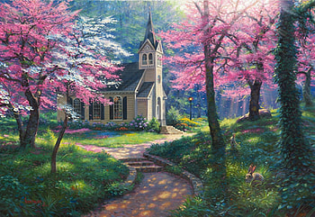 Spring's Embrace, artwork, trees, church, blossoms, painting HD wallpaper