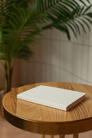 A minimalist white notebook on a round wooden table with a blurred plant background. HD phone wallpaper