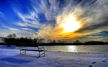 Bench at the Lake, Lake, Winter, Nature, Sun HD wallpaper