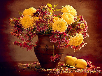 Still life, vase, beautiful, fruits, nice, pretty, red, autumn, flowers, lovely, harmony HD wallpaper