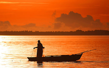 Nature, Sunset, Outlines, Evening, Boat, Human, Person, Fishing, Networks, Mesh HD wallpaper