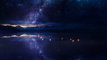 SPIRIT GUIDE, NIGHT, SKY, MOUNTAINS, CANOE, MILKY WAY, STARS, WATER, LANTERNS HD wallpaper