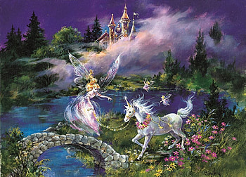 Princess and unicorn, zorina baldescu, castke, art, fantasy, unicorn, bridge, girl, castle HD wallpaper