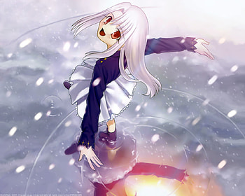 Play in Winter..., ilya von einzbern, cute, red eyes, fate stay night, reflection, anime, snow, white hair, game, princess, loli HD wallpaper