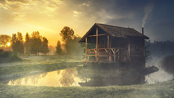 Foggy Summer Morning, reflections, cabin, landscape, trees, clouds, sky, water HD wallpaper