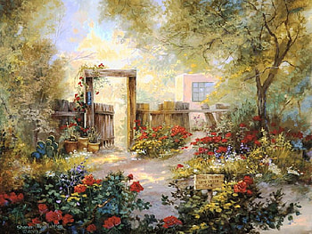 Peace To All Who Enter, sign, painting, house, gate, fence, trees, garden, flowers HD wallpaper