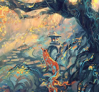 Fox, orange, wenqing yan, blue, art, vulpe, tree, yuumei, fantasy, autumn, luminos, toamna HD wallpaper