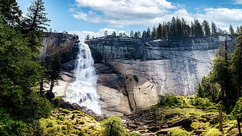 Nevada Falls, Yosemite National Park, river, california, trees, clouds, sky, cliff, rocks, usa HD wallpaper