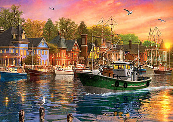 Harbor Sunset, river, birds, ship, town, houses, artwork, painting, boats, sunset HD wallpaper
