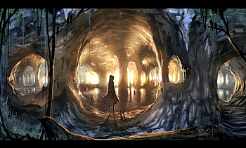 The Cave, girl, beautiful, anime, pretty, light, stone, nature, cave, water HD wallpaper