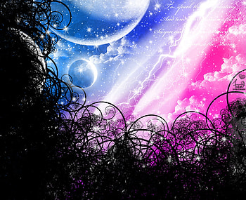 Night Of Fantasy, pinkbluepurple sky, moon, black swirls, clouds, vector HD wallpaper