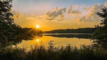 Virginia Water Lake at Sunset, trees, colors, USA, clouds, sky, sun HD wallpaper