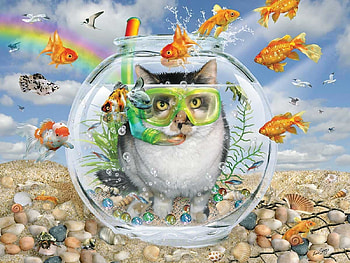 :D, pisica, summer, creative, fantasy, cat, funny, fish, aquarium HD wallpaper