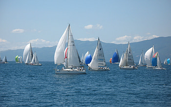 Sailboats in Rijeka, Croatia, sailboats, blue, sea, mountains HD wallpaper