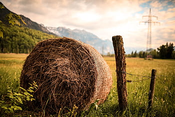 Hay bale in a scenic rural landscape during sunset with mountains in the background. HD wallpaper