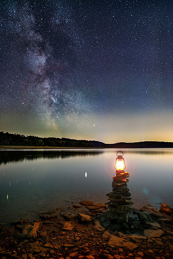 Stones, Night, Lake, Shore, Bank, Dark, Lantern, Lamp HD phone wallpaper