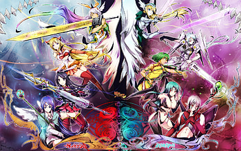 Infinite Fantasia, females, games, purple hair, red eyes, angel, purple eyes, group, blonde hair, warriors, wings, sword, armour, thigh highs, characters, blue hair, pink hair, weapons, armor, swords, aqua hair, white hair, video games, green hair, girls, warrior girls HD wallpaper