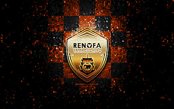 Renofa Yamaguchi FC, glitter logo, J2 League, orange black checkered background, soccer, japanese football club, Renofa Yamaguchi logo, mosaic art, football, Renofa Yamaguchi HD wallpaper