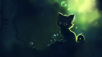 By Apofiss, black, kitty, cat original, cat, dark, apofiss, green, original, bubble HD wallpaper