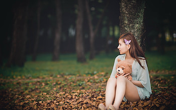 Sitting Alone With Teddy Bear, teddy-bears, cute, alone, forest, sad HD wallpaper