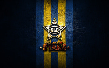Salt Lake City Stars, golden logo, NBA G League, blue metal background, american basketball team, Salt Lake City Stars logo, basketball, USA HD wallpaper