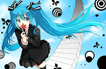 Flower for Japan, awesome, uniform, walkway, nice, flower, hatsune, shape, bow, white, hatsune miku, twintail, girl, singer, aqua, anime girl, anime, pretty, heaven, virtual, black, song, cute, vocaloid, beauty, miku, music, formal, vocaloids, thighhighs, program, skirt, circles, path, japan, beautiful, diva, tie, cool, clouds, sky, idol HD wallpaper