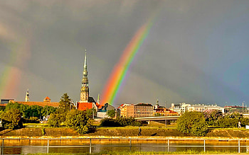 Rainbow over Riga, Latvia, Riga, rainbow, river, Latvia, houses, church HD wallpaper