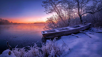 Frozen Boat At The Lake, sunset, ice, snow, trees, colors, sky HD wallpaper
