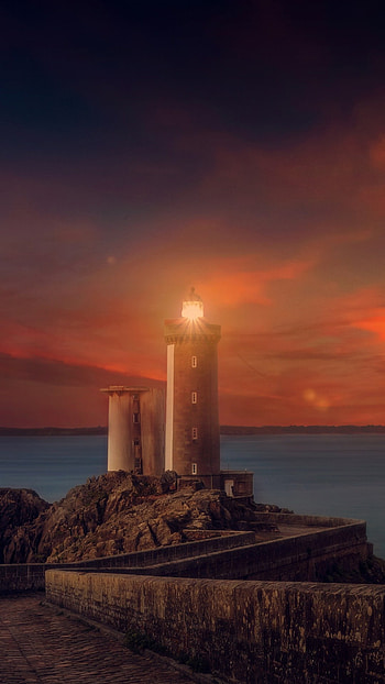 Lighthouse, Sunset view, Mobile HD phone wallpaper