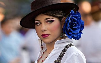 Brasil carnival, flower, face, girl, vicente concha, hat, blue, woman, jewel, rose HD wallpaper