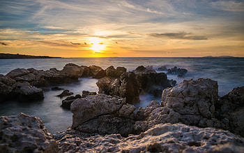 Landscape, Nature, Water, Sunset, Sea, Rocks HD wallpaper