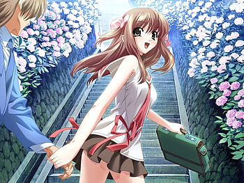 Follow Me, sexy, stairway, hot, cute, girl, anime girl, anime, boy, flower, stair, male, female HD wallpaper