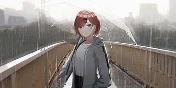 Rain, anime girl, redhead, umbrella HD wallpaper