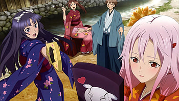 १ Guilty Crown १, kimono, brush, cute, ruple eyes, guilty crown, red eyes, inori, drawing on the face, pink hair, ouma shu, ayase, anime, lipstick, pruple hair, brown hair, blush HD wallpaper