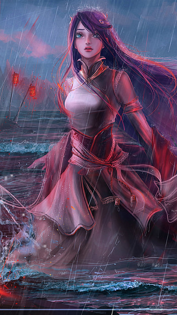 Violet Tide: Aqua-Eyed, Long-Haired Oriental Anime, aqua eyes, long hair, purple hair, oriental, Anime, Original HD phone wallpaper